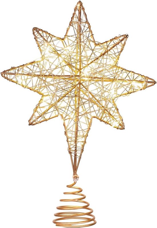 Allecto Plus - Kerstster boomkroon verlicht glitter kerst Bethlehem ster boomkroon geleide roségouden ster boomkroon voor kerstvakantie boomversiering - 1 stuk