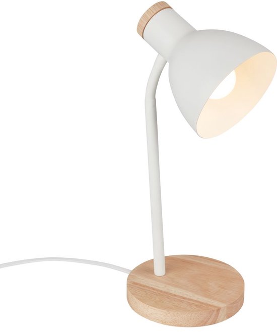 BRILONER Prep – Lampe de table avec interrupteur à câble – Lampe de bureau pivotante – Culot E14 – Lampe de chevet – Max. 10 W – Blanc et bois – Ø 14 x 39,5 cm