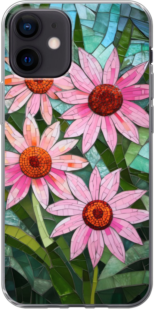 Telefoonhoesje Geschikt voor iPhone 12 hoesje - Bloemen - Roze - Glasmozaïek - Siliconen Telefoonhoesje Telefoonhoesje