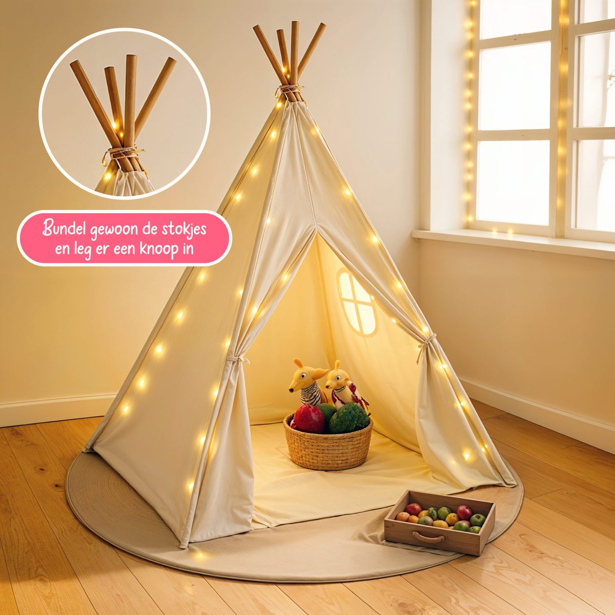 ZoeZo Design - Tipi Tent - Off-White - voor Kinderen - 100% Katoen - Wigwam Speeltent - Kindertent - Speeltent - Tipitent Speelhuis - 120x120x150cm — afbeelding 5