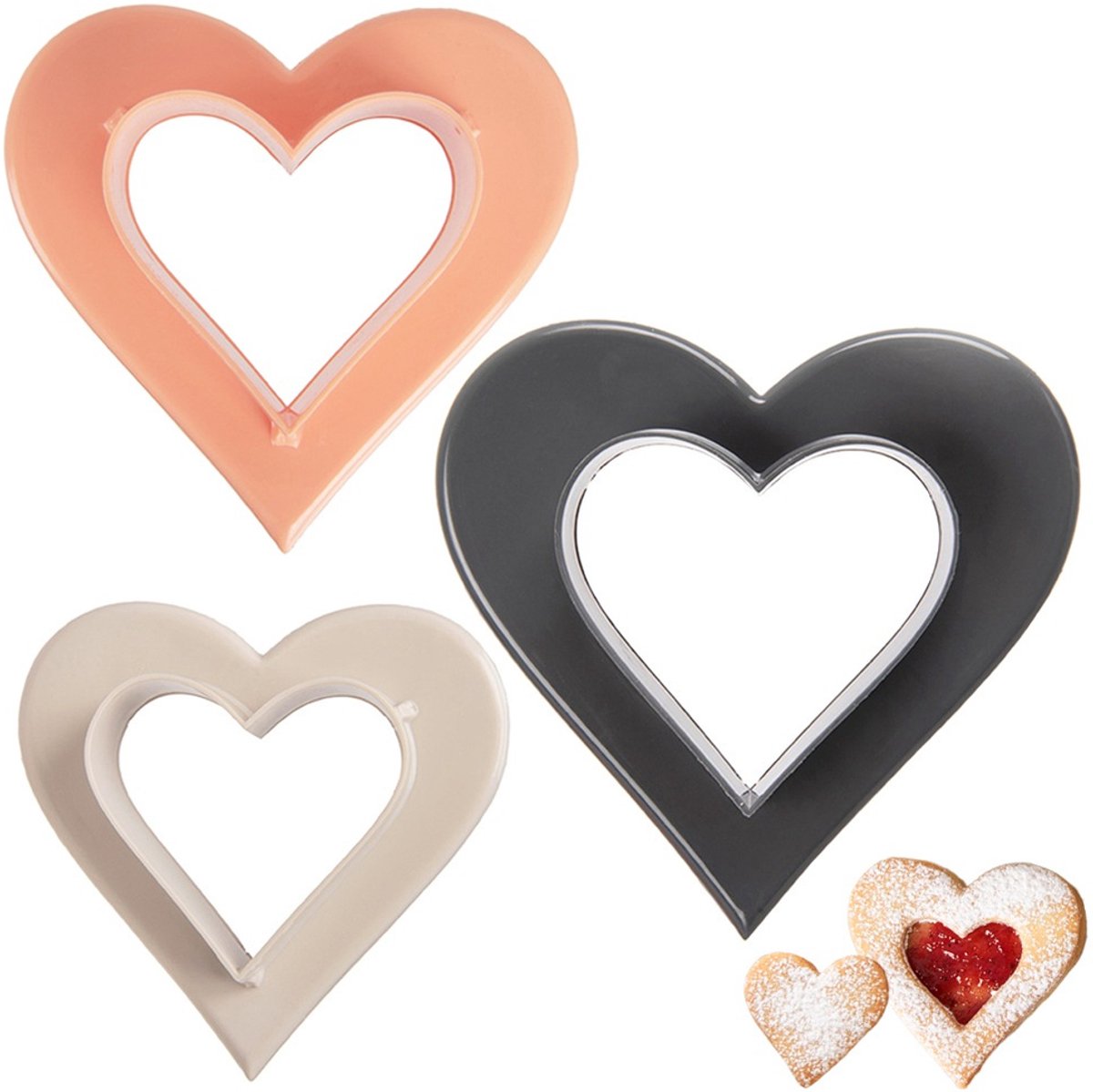 Koekjessnijders Dubbel Hart 3 stuks - Vormen - Uitsteekvorm - Cookie - Cutter - Uitsteekvormpjes - Koekjes - Bakken - Koekjessnijder