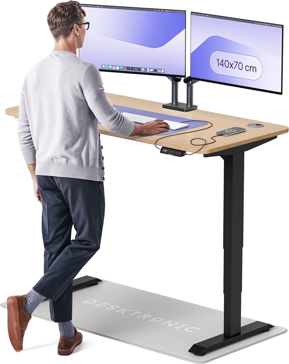 Desktronic HomePro Zit-sta Bureau Elektrisch In Hoogte Verstelbaar, 140x70 cm Bamboo/Zwart, Stille Dubbele Motor, Hoogte 62-126cm