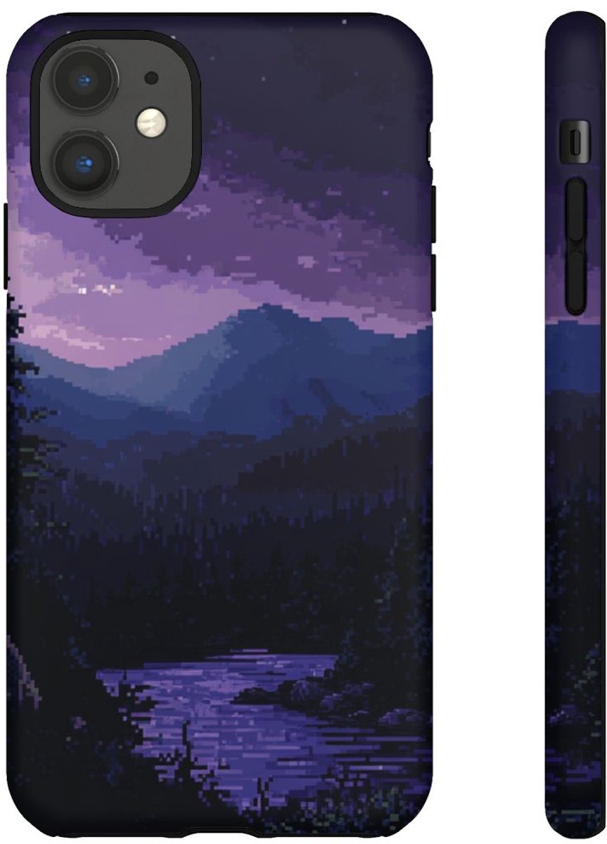Pixelkunst Nachtlandschap met Maan en Rivier – Telefoonhoesje Geschikt voor iPhone 11