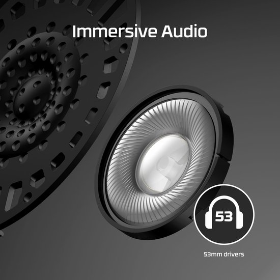 Close-up van 53mm drivers in een zwarte gaming headset.