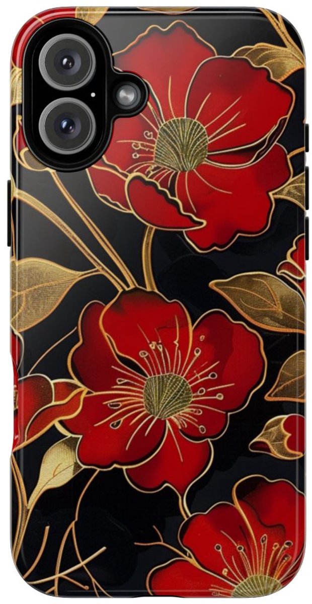 Rood-Gouden Bloemenpatroon – Telefoonhoesje Geschikt voor iPhone 16 Plus