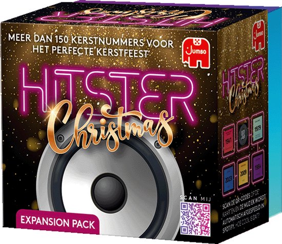 Hitster Christmas uitbreidingsset doos met Jumbo olifant logo, gouden letters, luidspreker en jaartallen. Meer dan 150 kerstnummers.