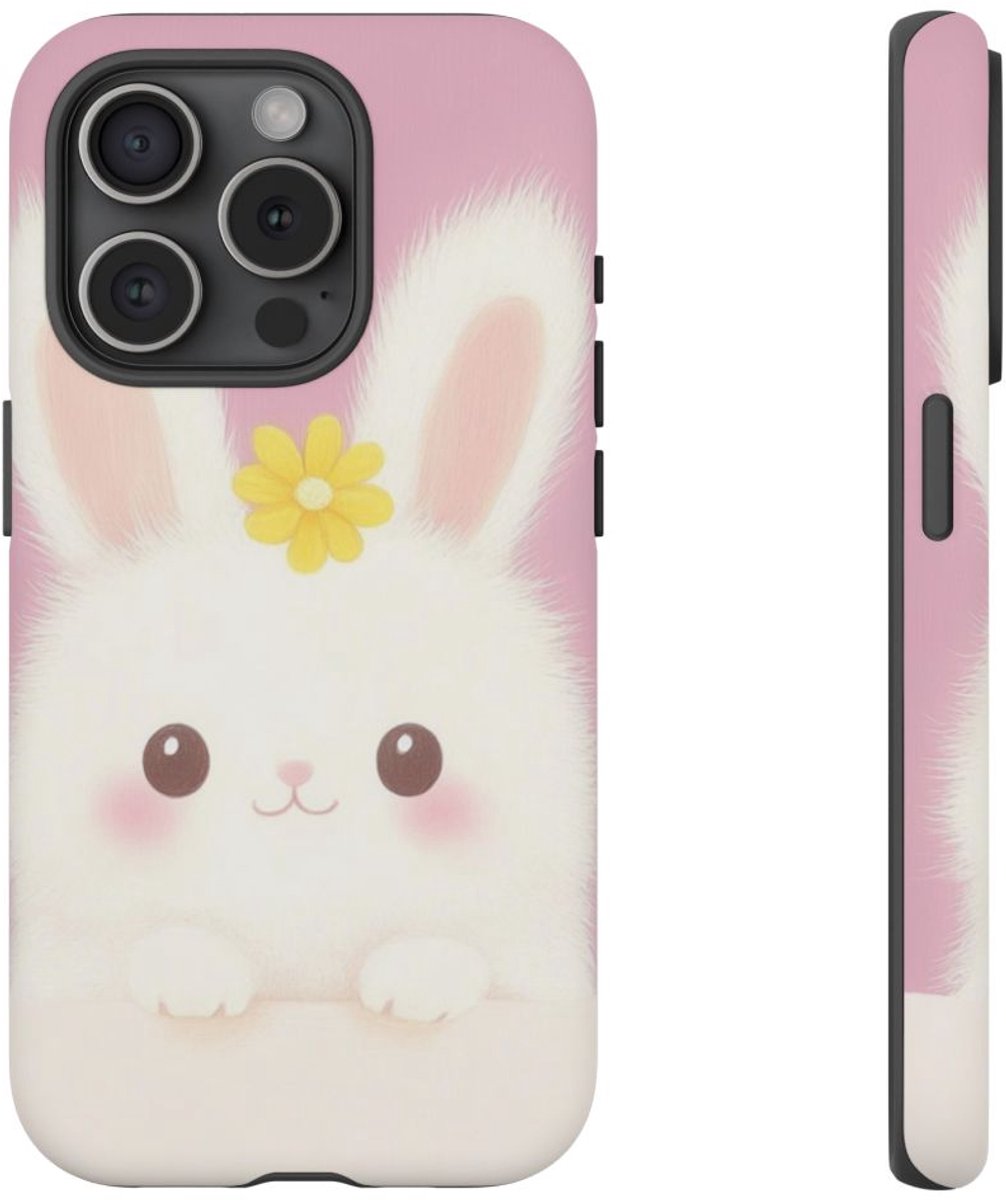 Lief Wit Konijntje met Gele Bloem – Telefoonhoesje Geschikt voor iPhone 15 Pro