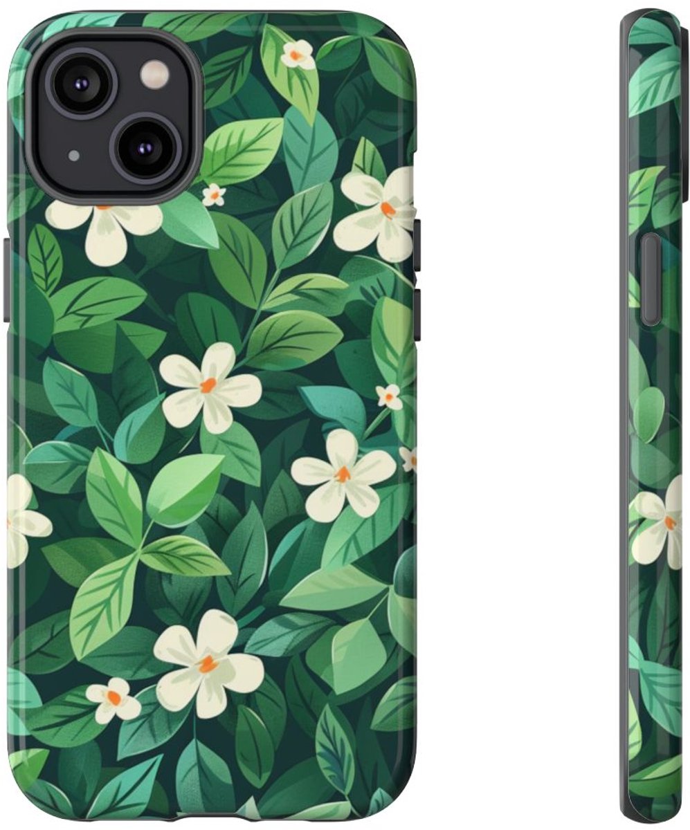 Groene Bladeren en Witte Bloemenpatroon – Telefoonhoesje Geschikt voor iPhone 14 Plus