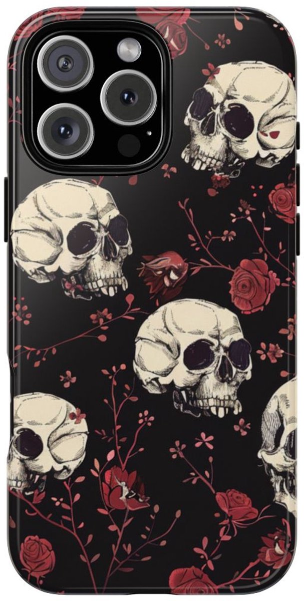 Schedels en Rode Rozenpatroon – Telefoonhoesje Geschikt voor iPhone 16 Pro Max