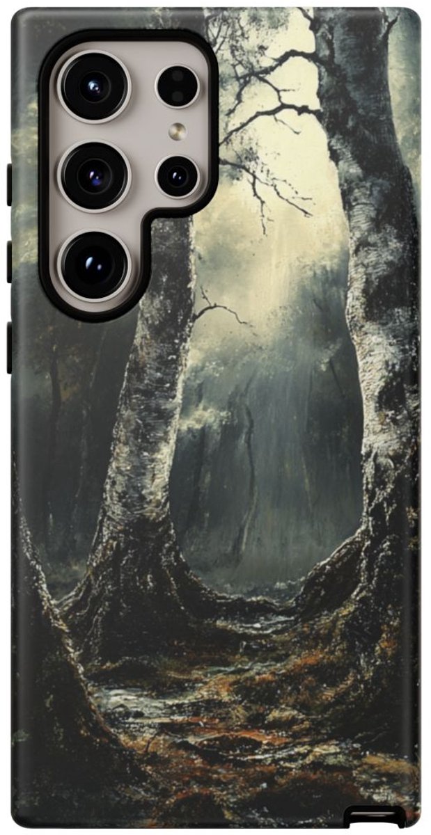 Donkere Berkenbomen in Sfeervol Bos – Telefoonhoesje Geschikt voor Galaxy S24 Ultra
