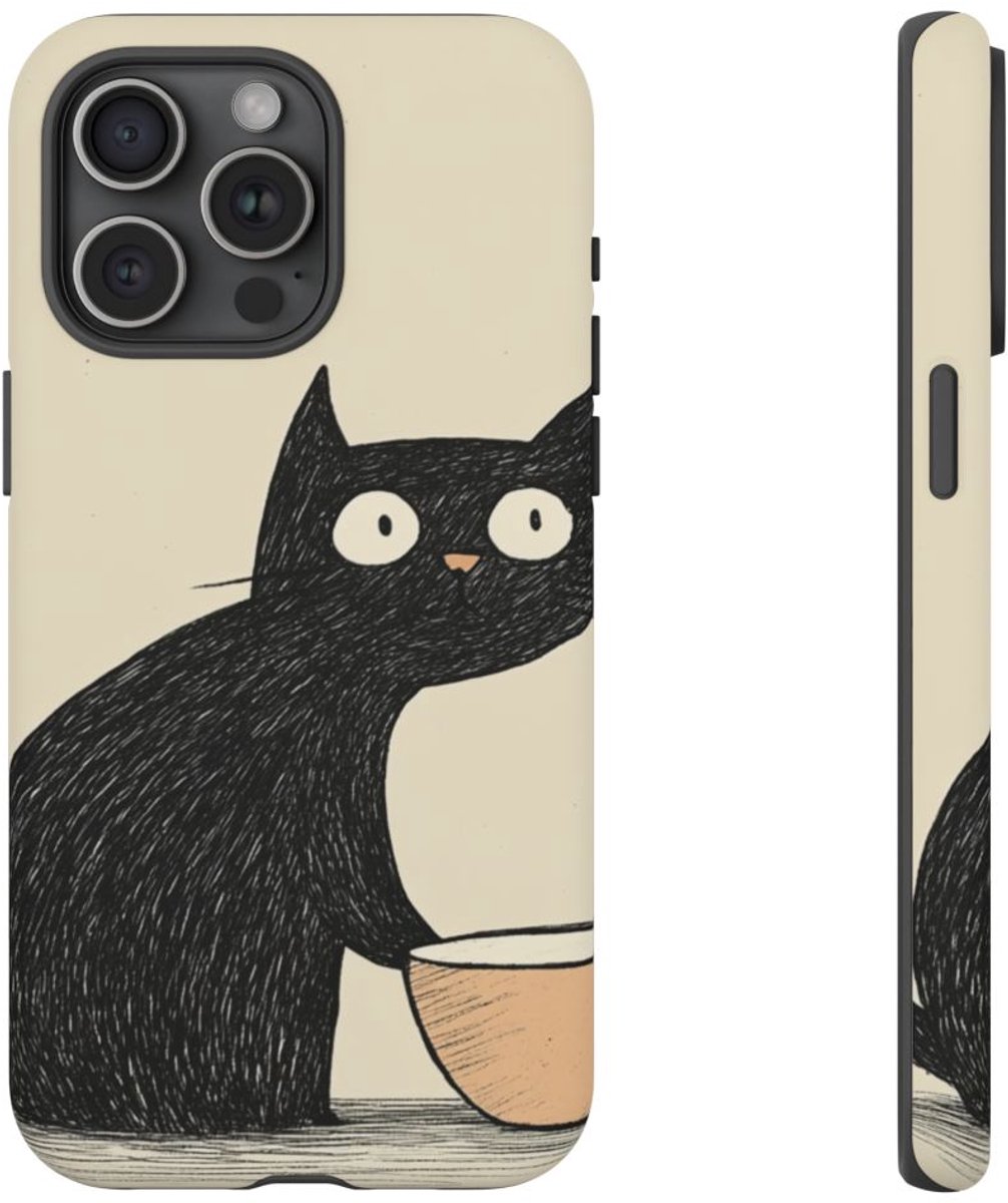Zwarte Kat met Kom Illustratie – Telefoonhoesje Geschikt voor iPhone 15 Pro Max