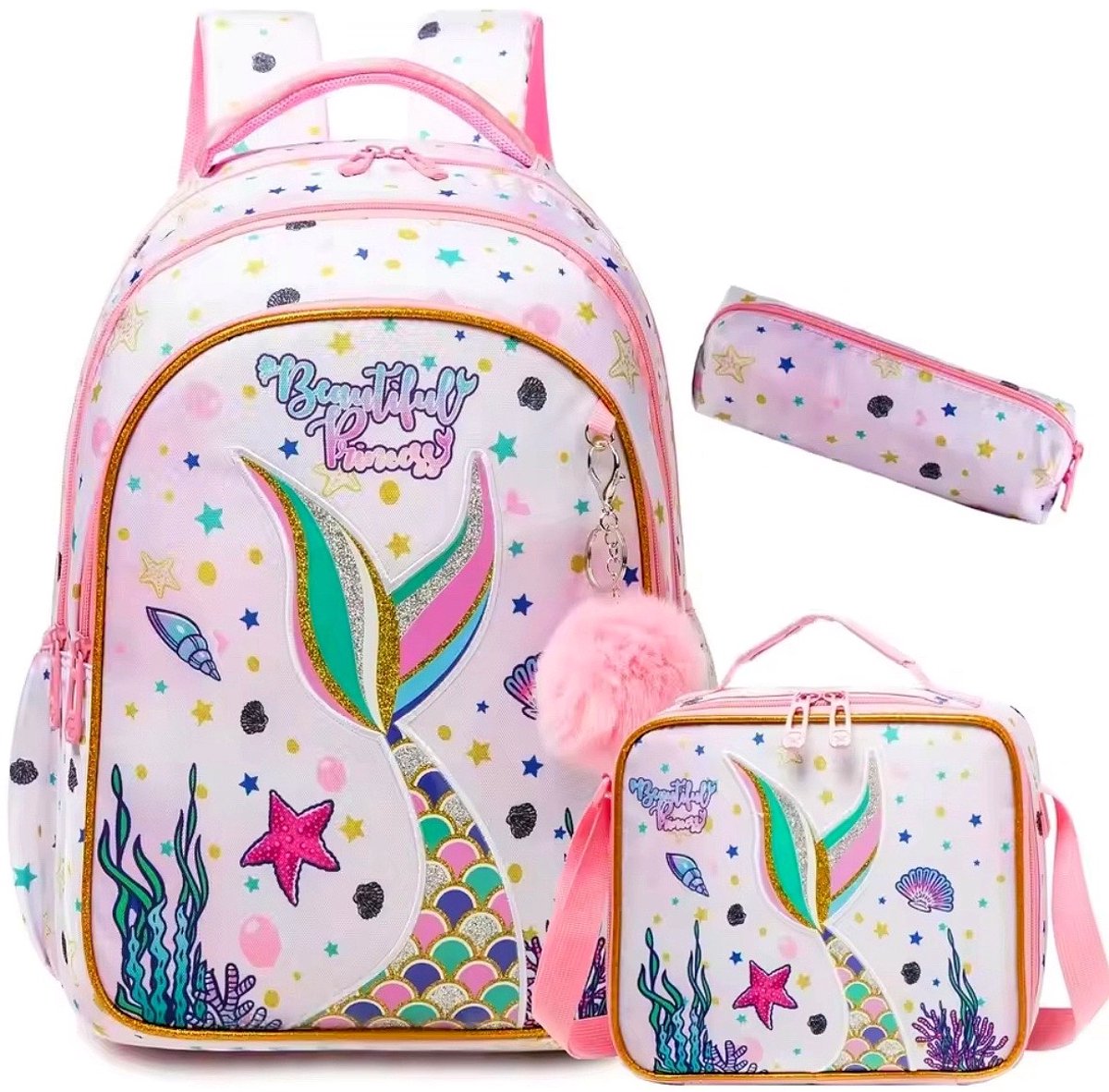 Ultiluxe® Zeemeermin rugzak, lunchtas, etui - Roze/goud - Met glitters - 42 x 30 x 20 cm - Mermaid print met pompom - Complete schoolset - Schoolrugzak voor meisjes - Meiden schooltas met staart voor kinderen - 3-delige rugtas set