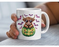 Halloween Cow Mug, Spooky Season Drinkware, Cute Highland Cow, Pumpkin, Bats, Animal Lover Gift, Fall Decor, Coffee Tea Cup, Party Supplies