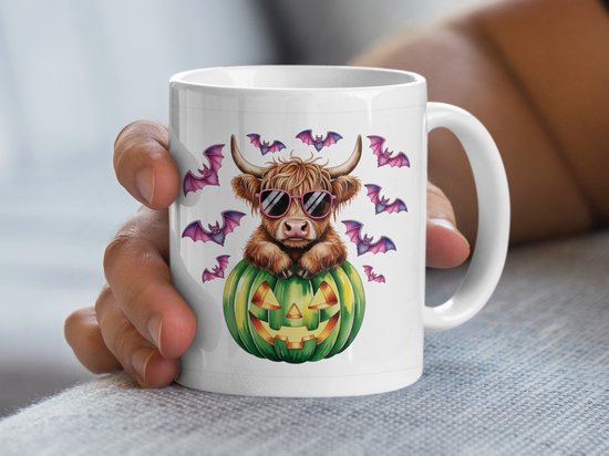 Halloween Cow Mug, Spooky Season Drinkware, Cute Highland Cow, Pumpkin, Bats, Animal Lover Gift, Fall Decor, Coffee Tea Cup, Party Supplies