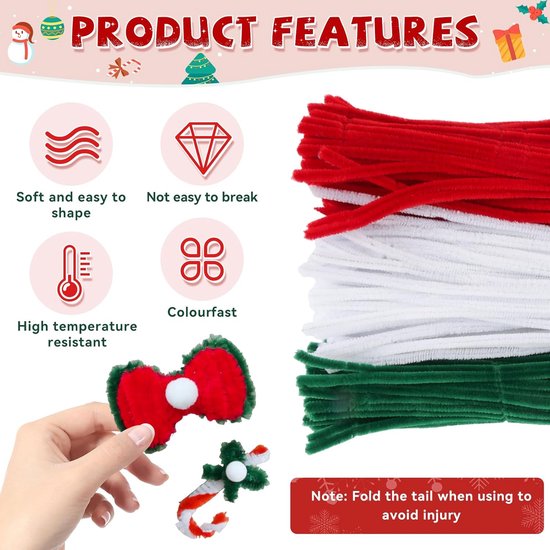 300 stuks kleurrijke pijpenragers - kerstpijpenragers om te knutselen - set met pluche ballen - 30 cm lange chenilledraad - pijpreiniger voor Kerstmis - knutselen - decoraties (rood - groen - wit) — afbeelding 5