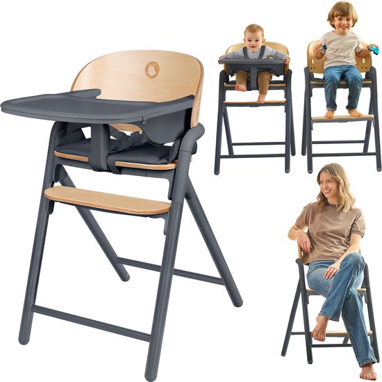 Chaise haute en bois Lionelo Celia 3 en 1 – De Bébé à adulte – Siège et repose-pieds réglables – Harnais 5 points – Revêtement en Eco– Comprend BabySet et plateau – Capacité de charge jusqu'à 90 kg