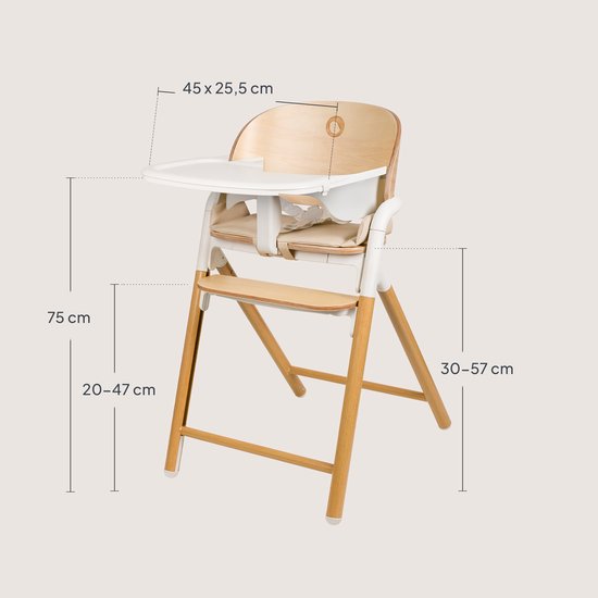 Chaise haute en bois Lionelo Celia 3 en 1 – De Bébé à adulte – Siège et repose-pieds réglables – Harnais 5 points – Revêtement en Eco– Comprend BabySet et plateau – Capacité de charge jusqu'à 90 kg