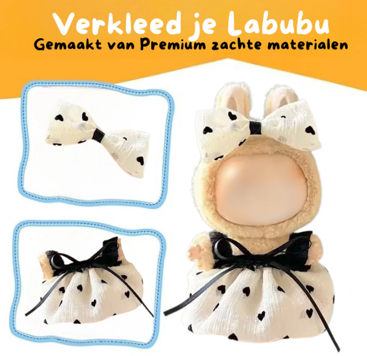 Wit Zwart Gestippeld Jurkje Kleding – Met Strikje – Cute Outfit Accessoire Geschikt voor Labubu (Pop Niet Inbegrepen)
