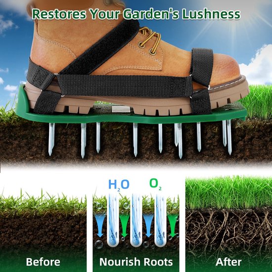 Tuinschoenen - Gazonpennen - Automatische terugvering - Gazonbeluchter - Tuinschoenen met spikes - Telescopische veer - Dubbele slagschoen met verstelbare band - Tuingereedschap - Voor gazononderhoud - Groen van In titolo — afbeelding 4