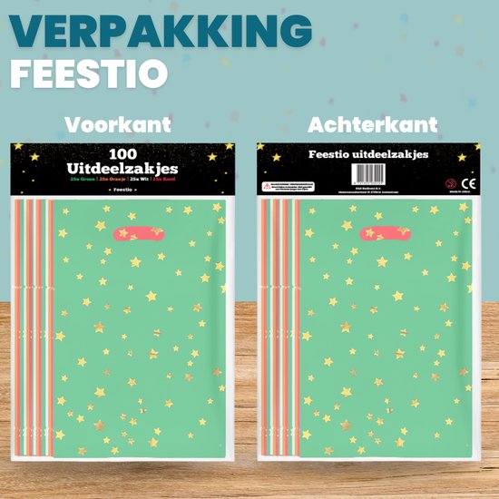 Voor- en achterkant van 100 feestelijke uitdeelzakjes, groen met gouden sterren, 25 van elk: groen, oranje, wit en rood.