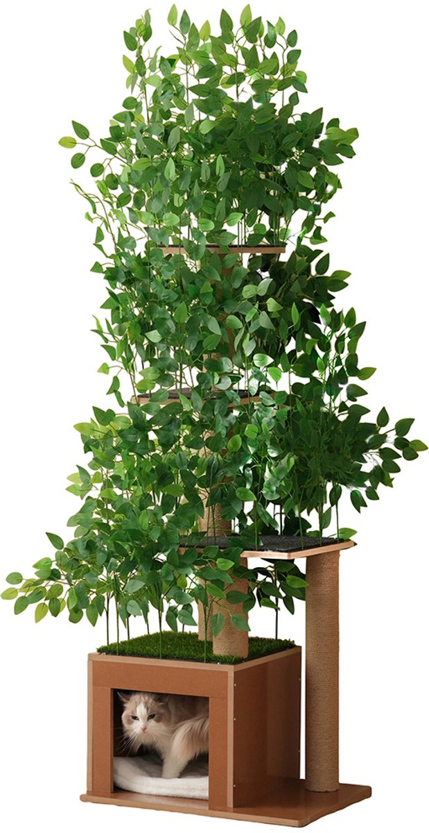 Pugsdrly Krabpaal van 190 cm in de vorm van een boom met 4 platforms en gaten voor katten - materiaal dat veilig is voor dieren, verwijderbare bladeren, waterdicht en krabbestendig MDF - ideaal voor katten om te verstoppen en te klimmen