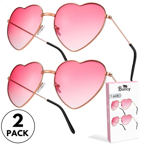 Boncy® Hartjes Zonnebril Dames & Heren - Zonnebrillen 2-Pack Roze - Hartjesbril Sunglasses Fietsbril Sportbril - Festival Rave & Party Bril - Fietsbrillen Sportbrillen