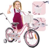 Heart Bike Fiets voor een meisje van 4 tot 6 jaar, 16 inch Roze, met fietsbel, zijwieltjes, duwstang en stuurmandje