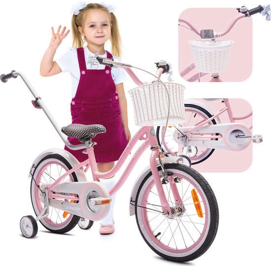 Vélo Heart Bike pour fille de 4 à 6 ans, 16 pouces Rose, avec sonnette de vélo, roues d'entraînement, barre de poussée et panier de guidon