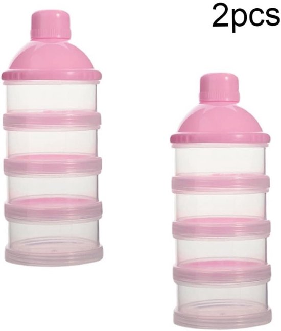Deux distributeurs de lait en poudre roses, chacun avec quatre couches.