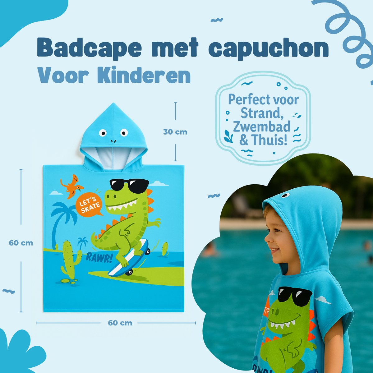 JAXY - Badcape Baby met Capuchon – Zachte Sneldrogende Badponcho Kind – Microvezel Poncho Handdoek voor Meisje & Jongen – Strandponcho voor Kinderen - Dino Skateboard — afbeelding 6
