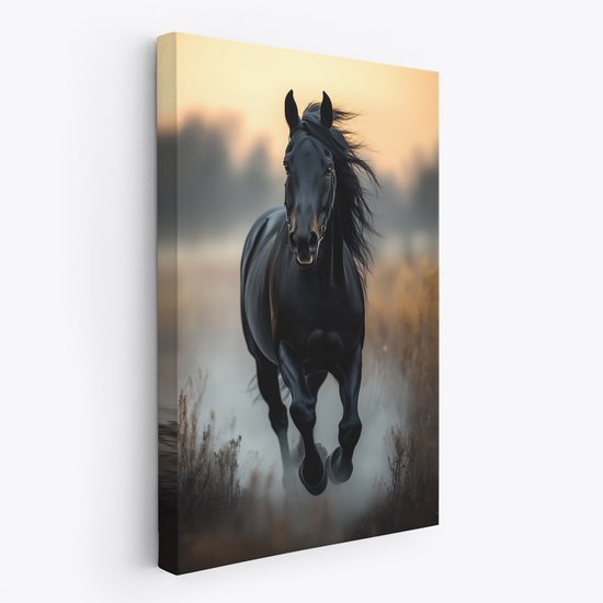 FineArtia - Zwart paard bij zonsondergang - Canvas Schilderij - 60 x 90 cm - Woonkamer Decoratie - Bruin;Zwart - Slaapkamer Schilderij - Wanddecoratie