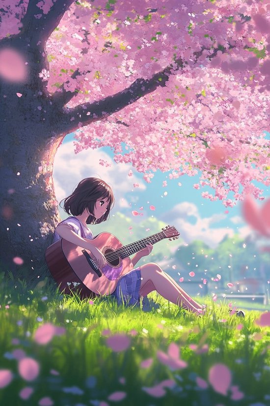 Anime Meisje Poster - Cartoon Posters - Gitaar - Kersenbloesem - Wanddecoratie Woonkamer - 180 gram papier - 6576KMD - Formaat 60 x 90cm