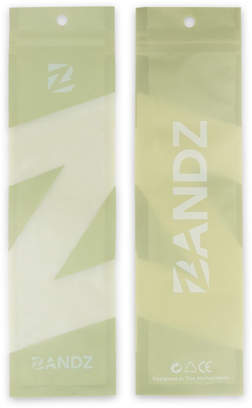 Twee zilverkleurige, doorzichtige plastic verpakkingen met een wit "Z"-logo en het Bandz-logo.