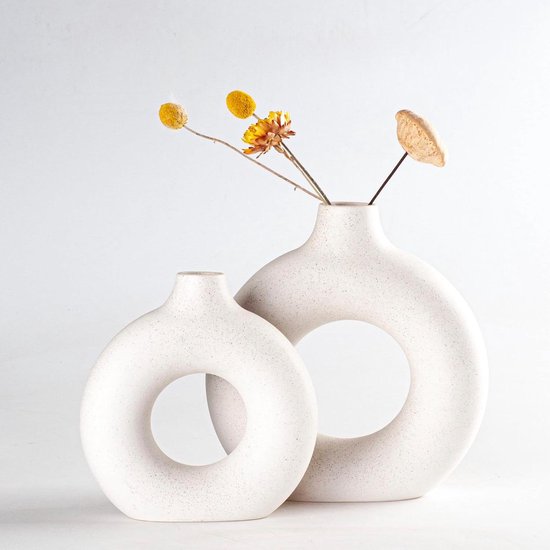 Set van 2 witte keramische donut-vazen voor moderne woondecoratie Ronde matte vazen voor pampagras in neutrale boho Scandinavische minimalistische stijl Bloemenvazen: supergroot + groot formaat