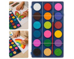 Cheqo® Waterverftablet 18 Kleuren – Verfdoos met Transparant Deksel – Inclusief Penseel – Kindvriendelijke Aquarelverf – Creatieve Hobby – Geschikt voor Kinderen Vanaf 3 Jaar – Schilderen & Tekenen – Educatief Speelgoed