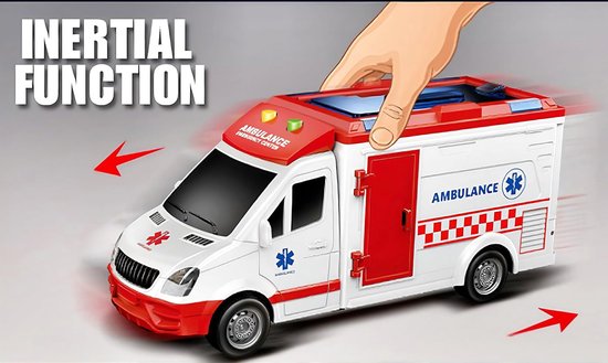 Wit ambulance speelgoed met rode accenten, deuren en verlichting. Inertial functie met rode pijlen die beweging aangeven.
