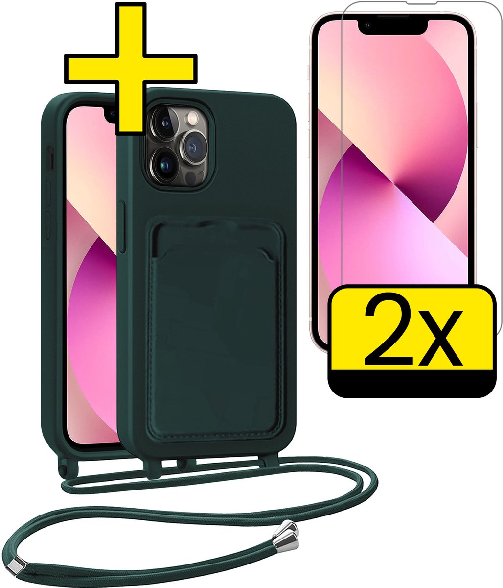 Hoesje Geschikt voor iPhone 13 Pro Telefoonhoesje Met Koord Case Pashouder Met 2x Screenprotector Siliconen - Hoes Geschikt voor iPhone 13 Pro Hoesje Met Kaarthouder - Donkergroen