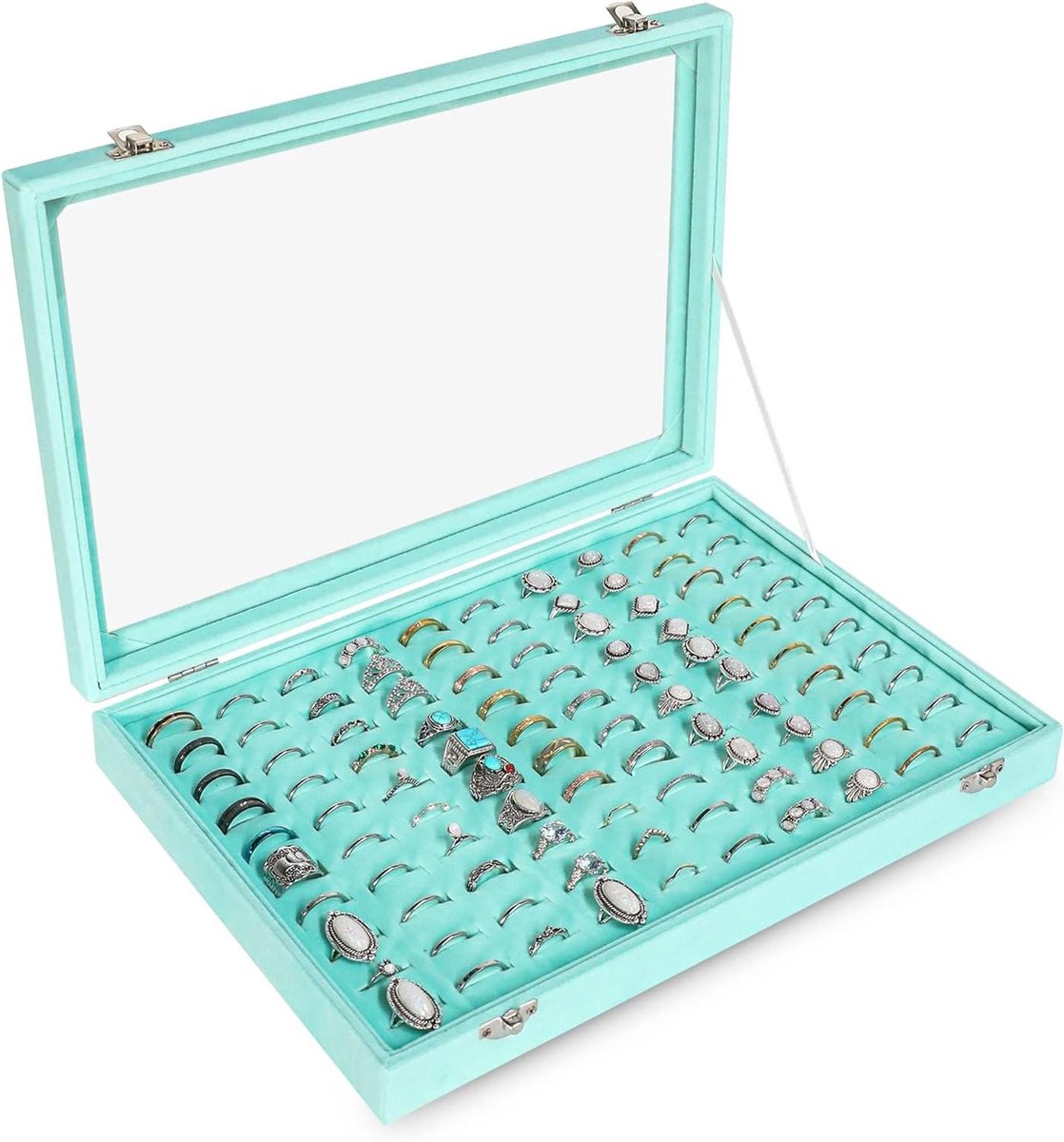 Allecto Premium - Ring Organizer Tray 100 Slots met Clear Deksel - Fluwelen Ring Opbergdoos voor Juwelen - Ring Display Case voor Sieraden - Ring Box voor Vrouwen - Turkoois - 100 slots.