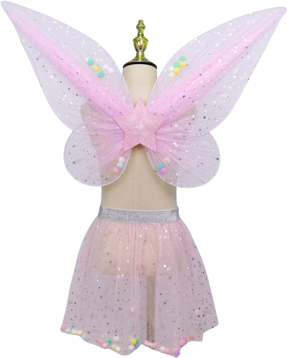 Joya Kids® Tuin Vlinder Fee Verkleedset voor Meisjes | Fëen Tutu verkleedkleding | Prinsessencape | Cape Set | Unicorn | Meisje Verkleedset | Carnvalskleding Halloween Meisjes | Met Haarband, Staf, Vleugels en Tutu | Licht Roze — afbeelding 10