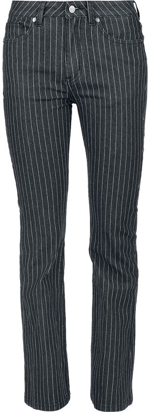 Donkergrijze dames jeans met fijne witte strepen, recht model.