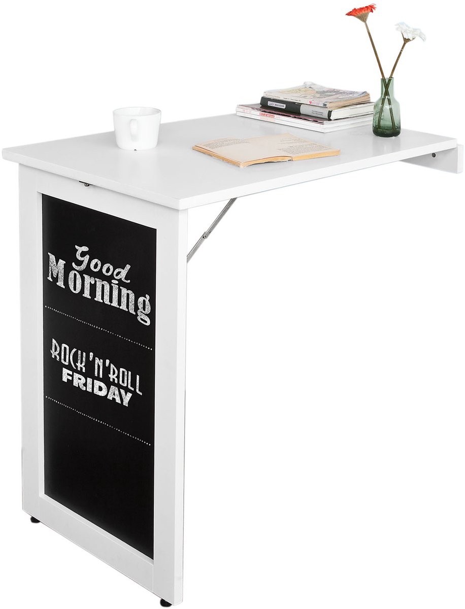 SoBuy FWT20-W Hoge Keukentafel - Wit Opvouwbaar Wandbureau met Schoolbord