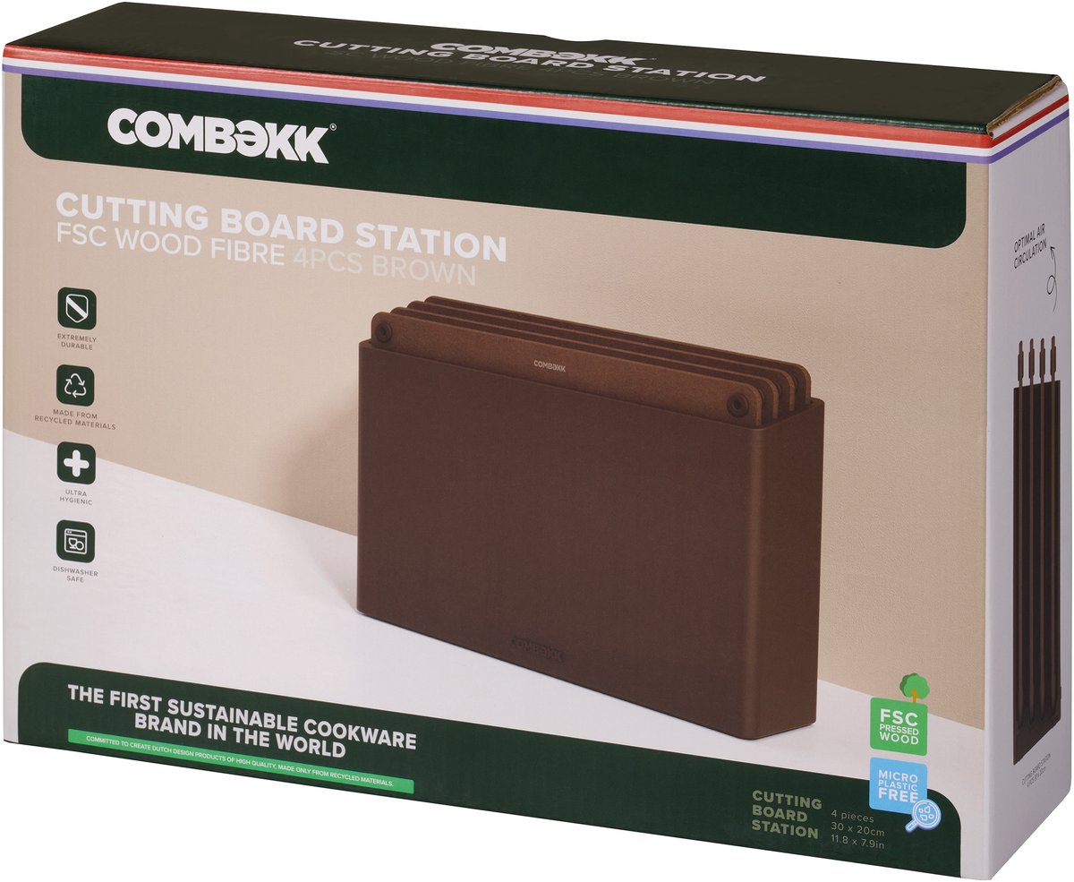 Combekk Snijplankenset 4pcs - 100% Gerecycled ABS en FSC Geperst Hout – Microplasticvrij - Antibacterieel - Vaatwasser bestendig – Bruin – 20x30 cm — afbeelding 3