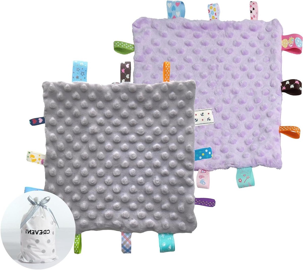 Allecto Premium - Veiligheidsdekens met tag voor baby's - zachte uniseks sensorische deken - babyshower cadeaus - 245 x 245 cm - grijs en paars