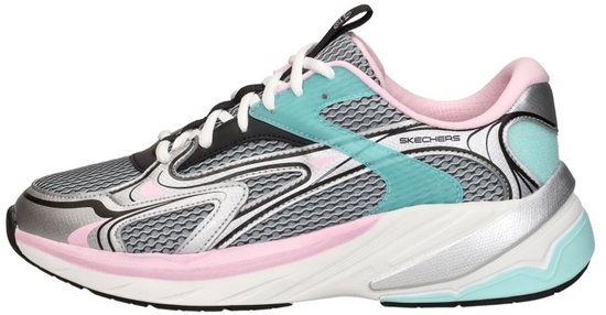 Zij-aanzicht van een Skechers S2K sneaker in zilver, roze en mintgroen met witte veters.