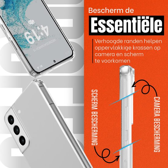 Coque transparente avec bords surélevés protégeant l'appareil photo et l'écran.