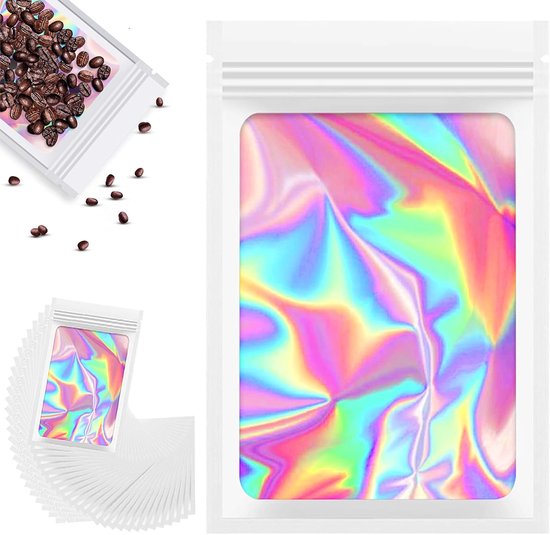 Sachets transparents à fenêtre - sachets mylar holographiques - 8 x 13 cm - pour ranger de petits objets - café - bonbons - 100 pièces - blanc