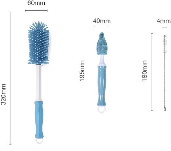 3-Delig - Flessenborstel Baby - Blauw - Flessenreiniger - BPA vrij - Siliconen Flesvoedingsaccessoires van Merkloos — afbeelding 2
