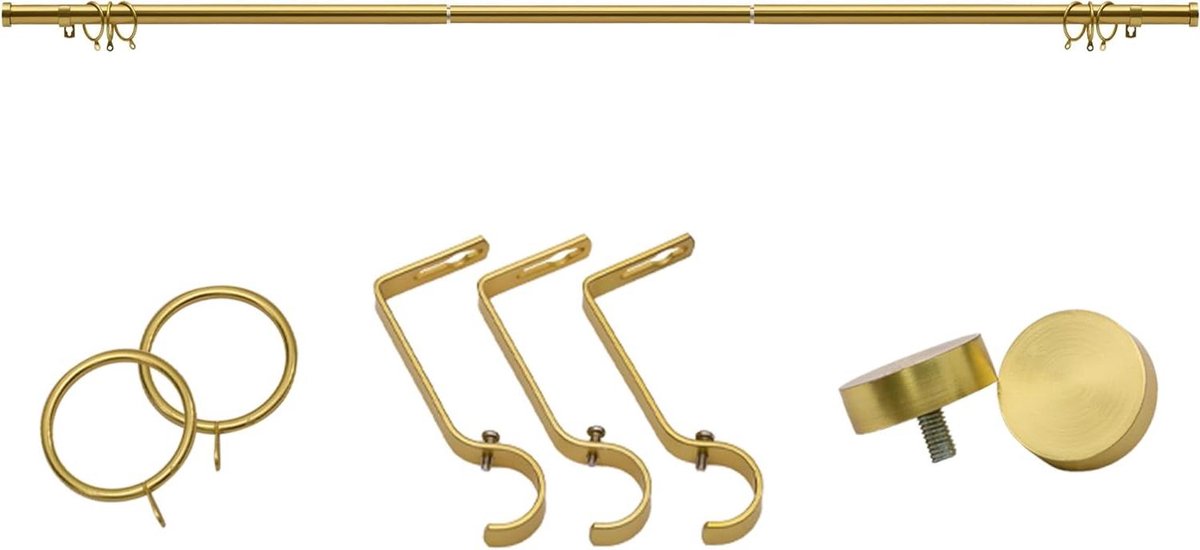Uitschuifbare Ophangbare Gordijnrail 76-210cm Goud - Compleet met Eindstukken en Beugels - 25mm Diameter - Decoratief Gordijnroede Set
