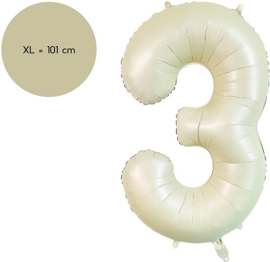 Fienosa Cijfer Ballonnen - Nummer 3 Beige Ivory Kleur - 101 cm - XL Groot - Helium Ballon - Verjaardag Ballon - Verjaardag versiering - Leeftijd verjaardag - Verjaardagsballon - Verjaardag
