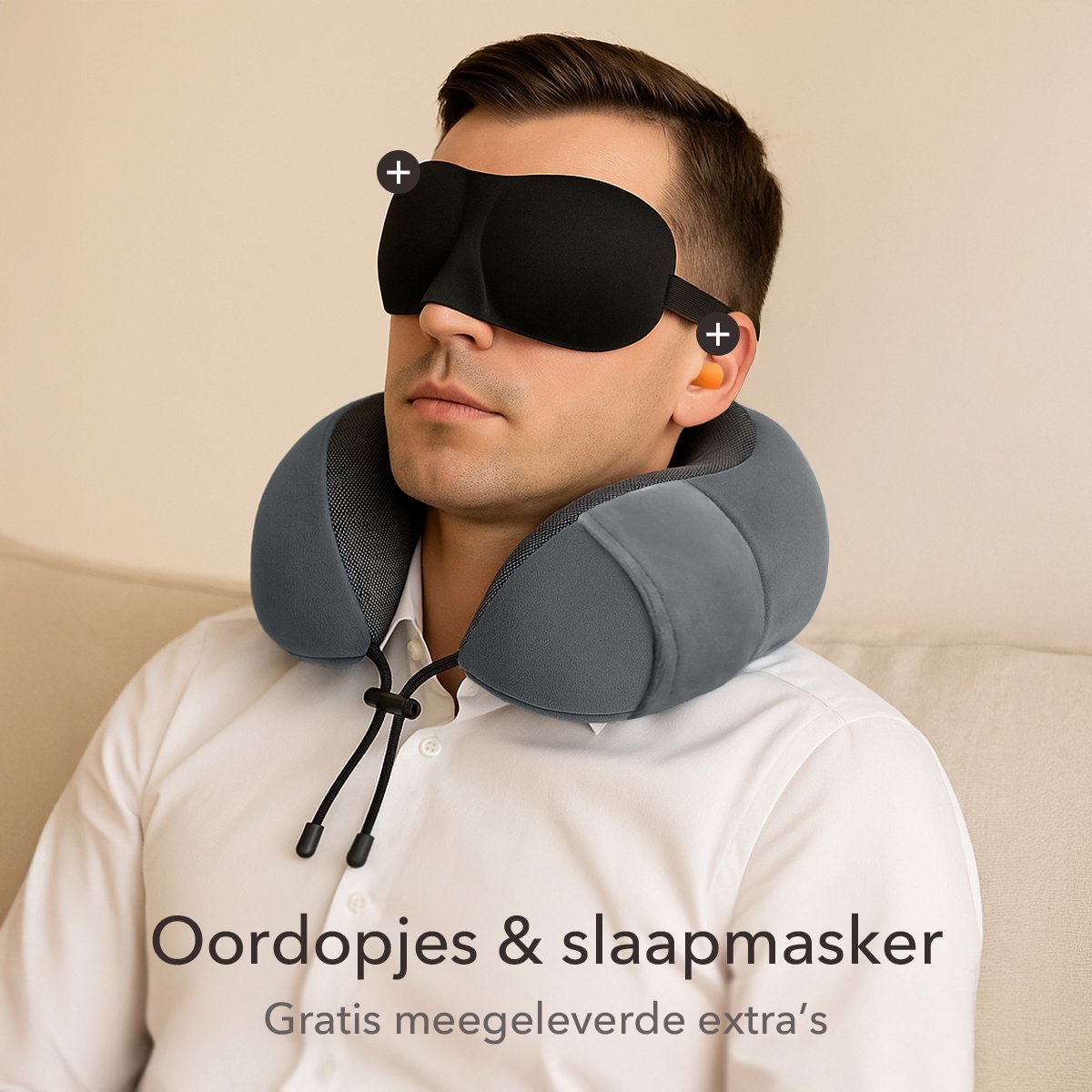 SKYCASES Travel Essentials - Nekkussen Set 3-delig - Ergonomisch Memory Foam Reiskussen met Oogmasker en Oordoppen - Ideaal voor Vliegtuig, Auto en Trein - Compact en Luxe - Apricot — afbeelding 5